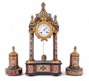 Antique French Napoleonic Inlaid Clock Set