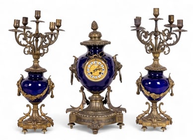 Antique Richond Bronze and Porcelain Clock Set