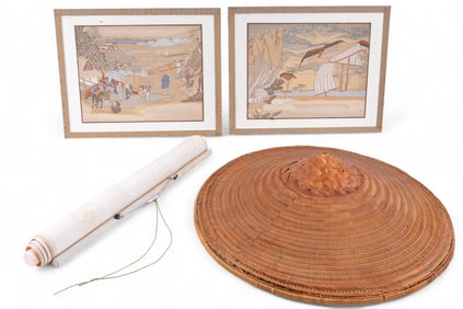 Japanese Silk Scroll Conical Hat, and Embroidery