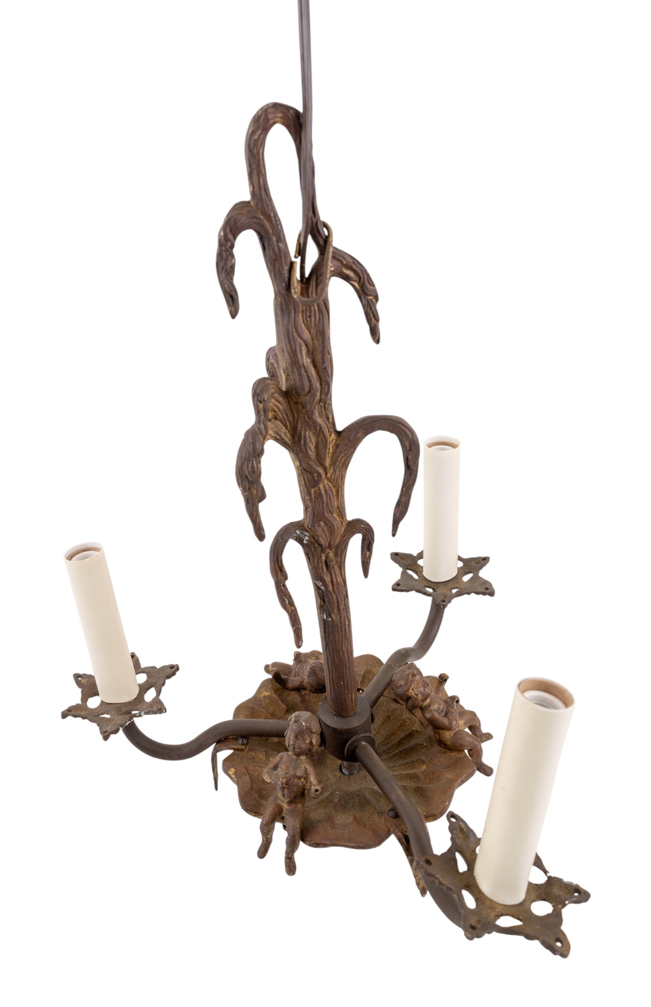 Art Nouveau Bronze Cherub Chandelier: A fine bronze Art Nouveau electrified candlestick chandelier featuring a scalloped shell basin with three cherub figures perched on the edge, may need to be rewired, untested, measures approx. 11" W x