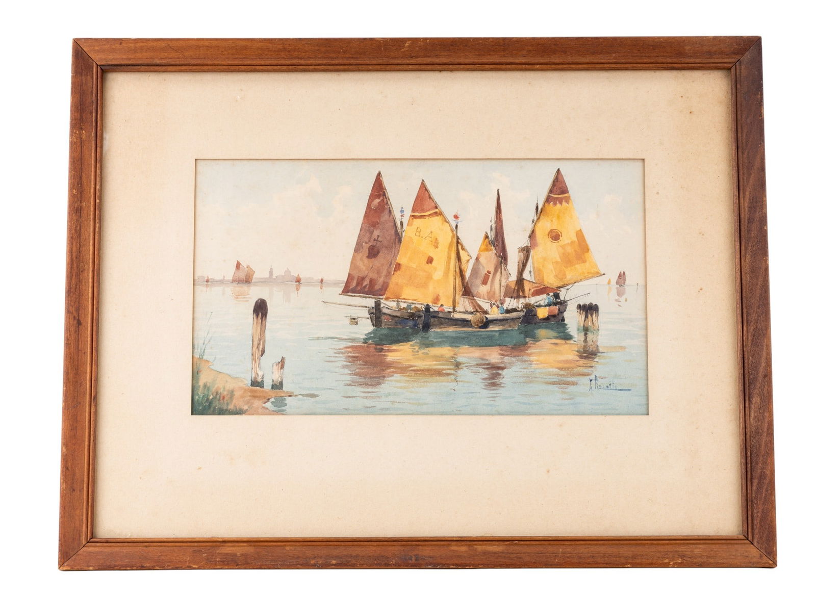 G Vizzotto (Oderzo 1862 - 1931) Signed Watercolor: Signed G. Vizzotto lower right, watercolor painting depicts sailboats on the Venetian lagoon, with colorful ochre and sienna sails reflected across calm waters. Giuseppe Vizzotto Alberti (Oderzo 1862