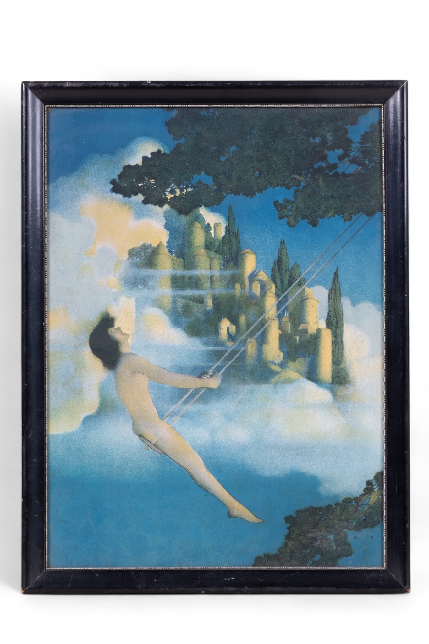 Chromiolithograph, After Maxfield Parrish: Early 20th-century chromolithograph after Maxfield Parrish, depicting a nude figure on a swing amid clouds with a castle in the distance. Measures approx. 16.5" x 12.25" W OD.