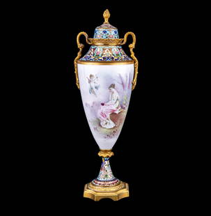 Signed Sevres Porcelain Vase w/ Cloisonne: A decorated Sevres porcelain vase, hand-painted with a romantic figural scene of cherubs and a maiden, signed near woman's