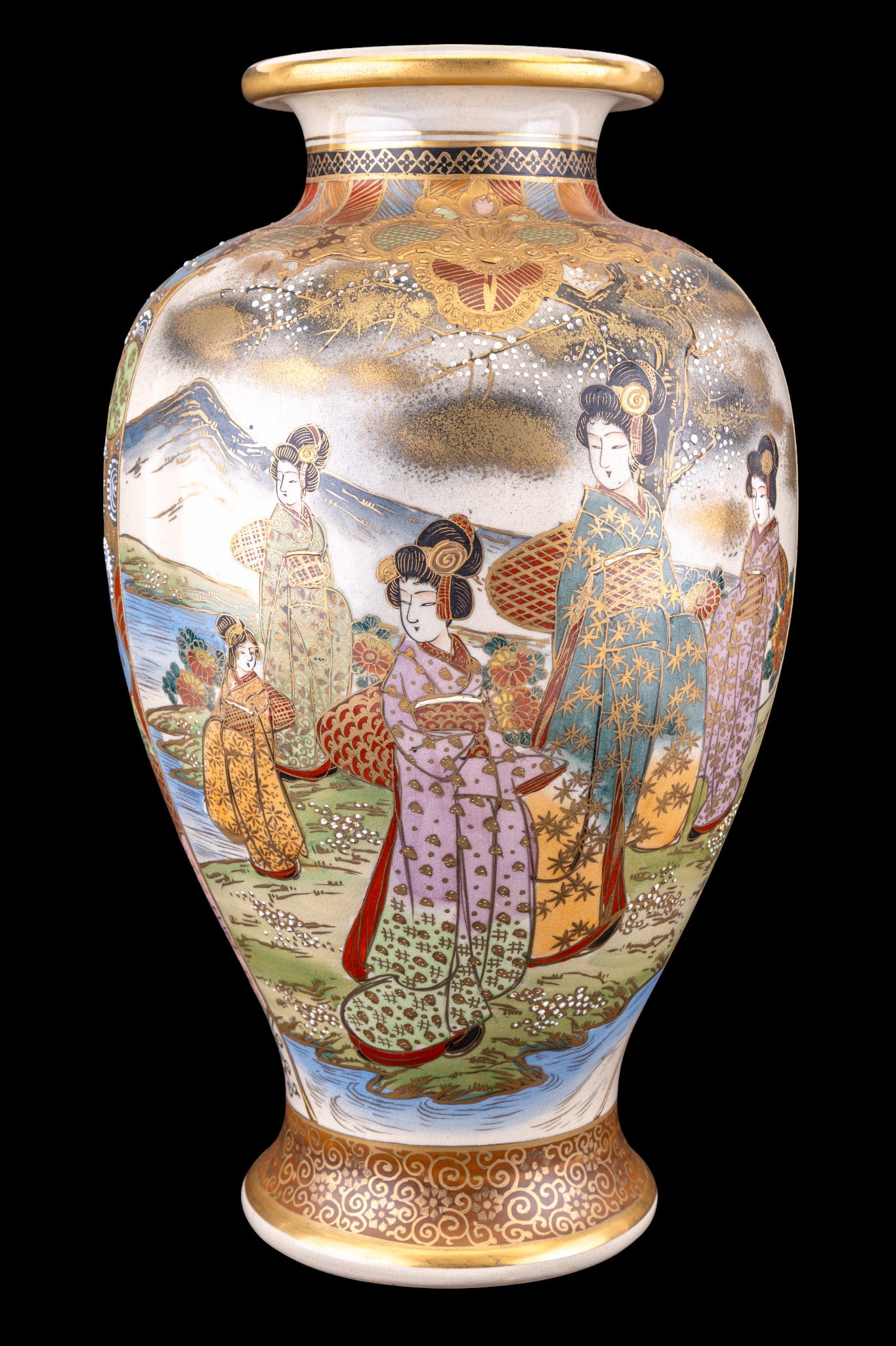 Ikuzan Gold Satsuma Vase: A vintage Izukan gold Satsuma vase depicting many Geishas by the water on one side, a mountain village scene, marked on the bottom, measures approx. 15" H.