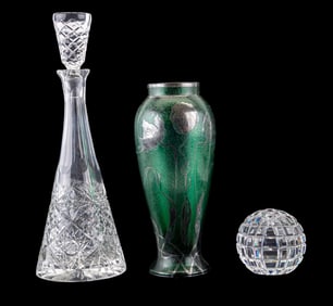 Crystal Decanter + Paperweight, Green Glass Vase