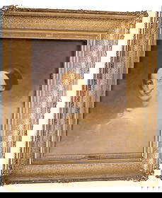 Portrait of Woman attr Thomas Sully (1783-1872): Oil on canvas attributed to Thomas Sully (1783-1872), portrait depicts a young with dark hair and white gown, turned in three-quarter view against a dark background. Housed in ornate giltwood frame wi