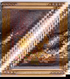 Signed Jules Leroy (French, 1833-1865) Kittens O/C: Oil on canvas depicting three kittens beside / inside a bowl among scattered roses, with rich drapery in the background. Signed J. Leroy lower right. Presented in a giltwood frame. Measures approx. 23