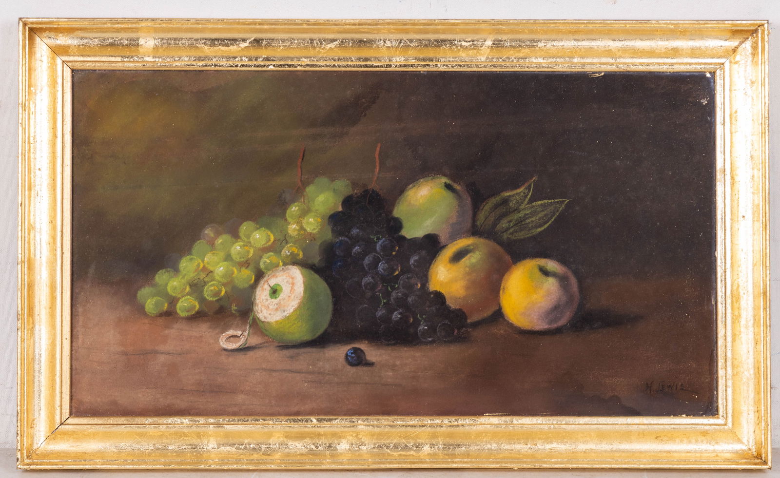 Signed H. Lewis Pastel Painting Still Life Fruit: H. Lewis pastel still life of fruit. Signed lower right. Measures approx. 17.5" H x 29" W. Nicely framed, under glass.
