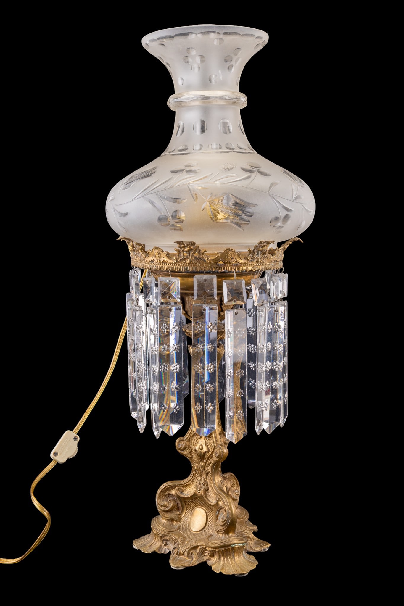Ormolu and Crystal Prism Lamp w/ Etched Shade (1 of 12)