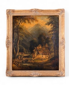 Signed 19C Oil Painting Landscape w/Cottage