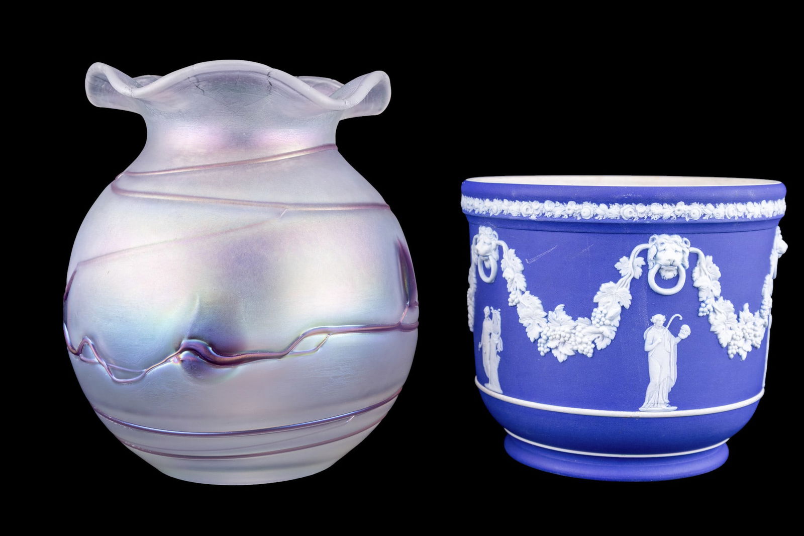 Loetz Iridescent Glass Pitcher, Wedgwood Planter (1 of 15)