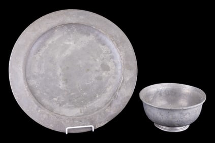 American Pewter Charger, Unmarked Pewter Bowl