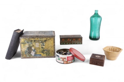 Antique Tins, Mold, Bottle, Buttons, Map Book