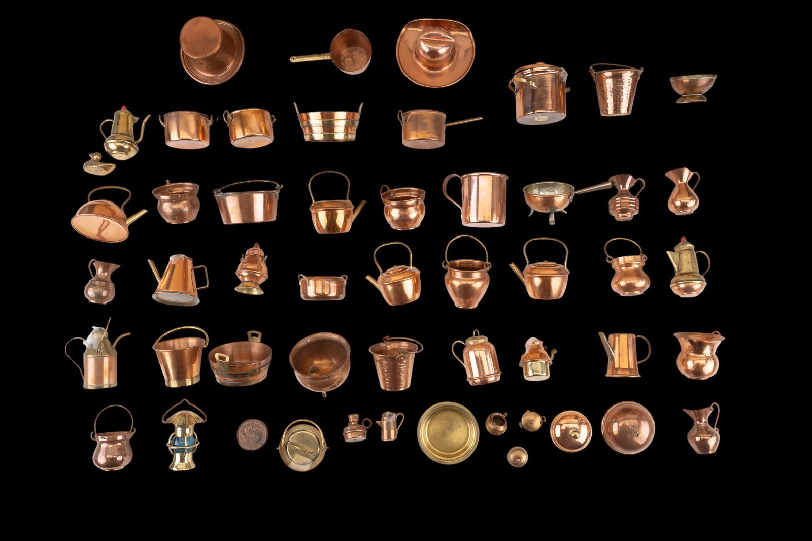 English, Italian, Japanese Miniatures: Collection of English, Italian, and Japanese made miniatures in various forms including kitchen ware, lanterns, hats, etc. 1 hat made from an English penny. Approx. 40 + or -.