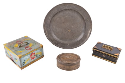 19C Lockbox, RMS Queen Mary+Painted Tin, Pewter