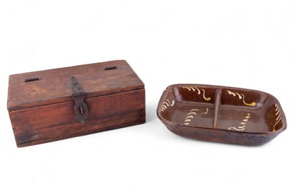 Antique Wagon Lock Box, Redware Loaf Tray