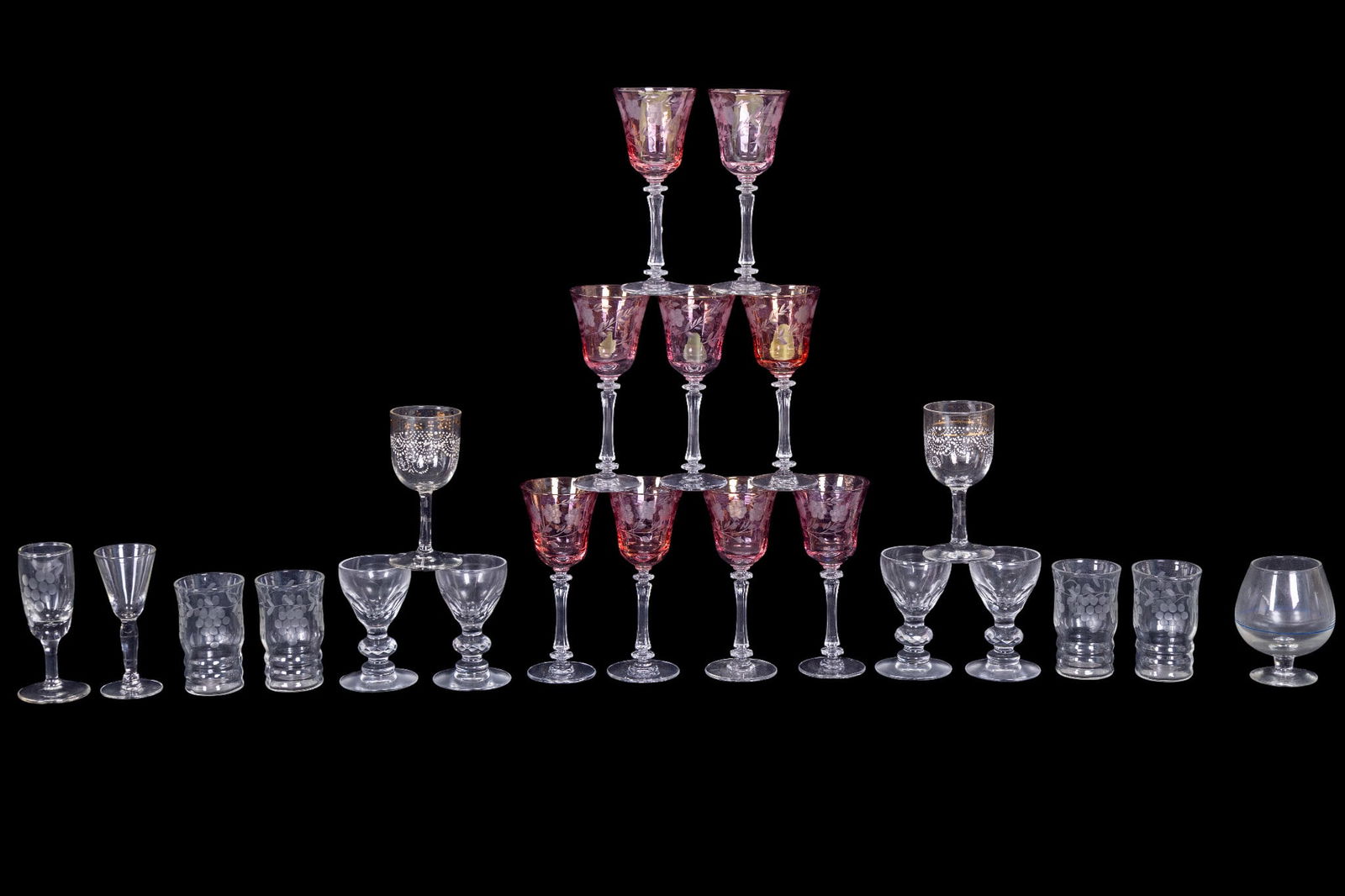 Vintage Etched Glassware w/ Cranberry Color (1 of 15)