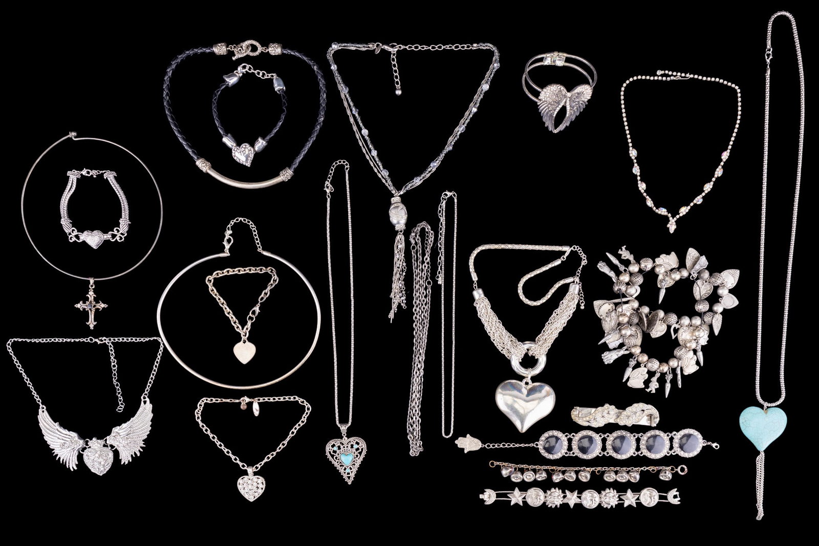 Silver Toned Fashion Jewelry: Silver toned fashion jewelry, including bracelets and necklaces.