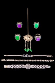 Silver Tone Bracelets, Hair Pin, and Jade Rings