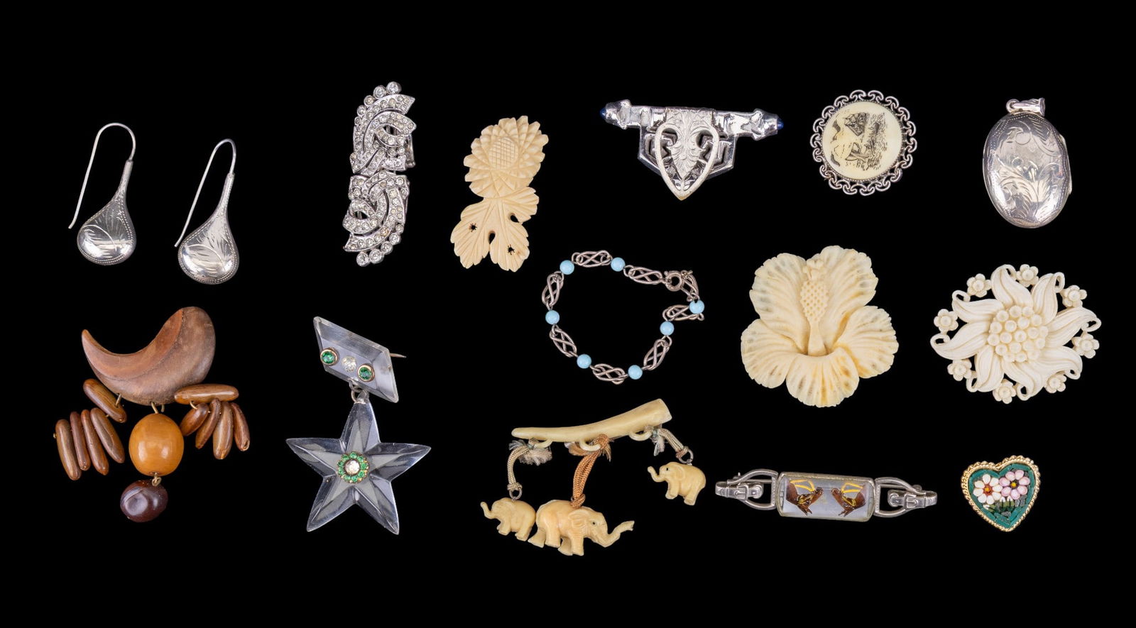 Sterling & Vintage Women's Jewelry: Sterling and vintage women's jewelry including: sterling silver pendant and earrings; vintage lucite star brooch; vintage equestrian horse-themed brooch; first half 20th century fur clip and complimen