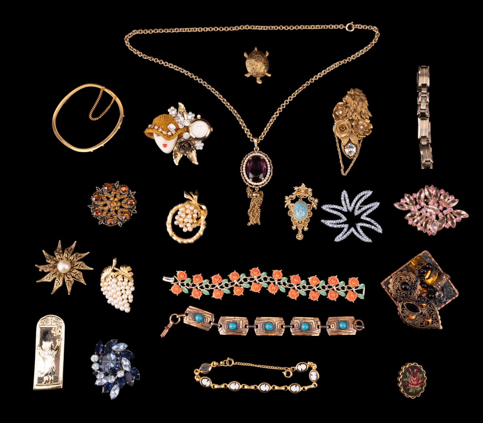 Costume Jewelry, Brooches, Bracelets, Bangles: Costume jewelry lot of various items including: Cara Staffordshire brooch; starburst brooch; turtle pin; copper blue-beaded bracelet; bangle bracelet marked "LDADPR"; and other items.