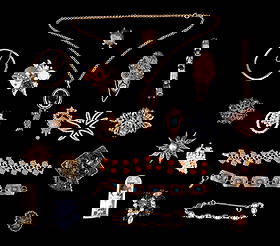 Costume Jewelry, Brooches, Bracelets, Bangles: Costume jewelry lot of various items including: Cara Staffordshire brooch; starburst brooch; turtle pin; copper blue-beaded bracelet; bangle bracelet marked "LDADPR"; and other items.