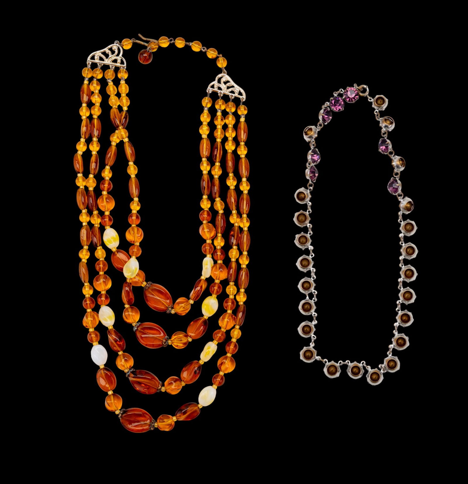 Vintage Amber Necklace and More: Vintage amber necklace, approximately 9", and vintage choker in purple hues.