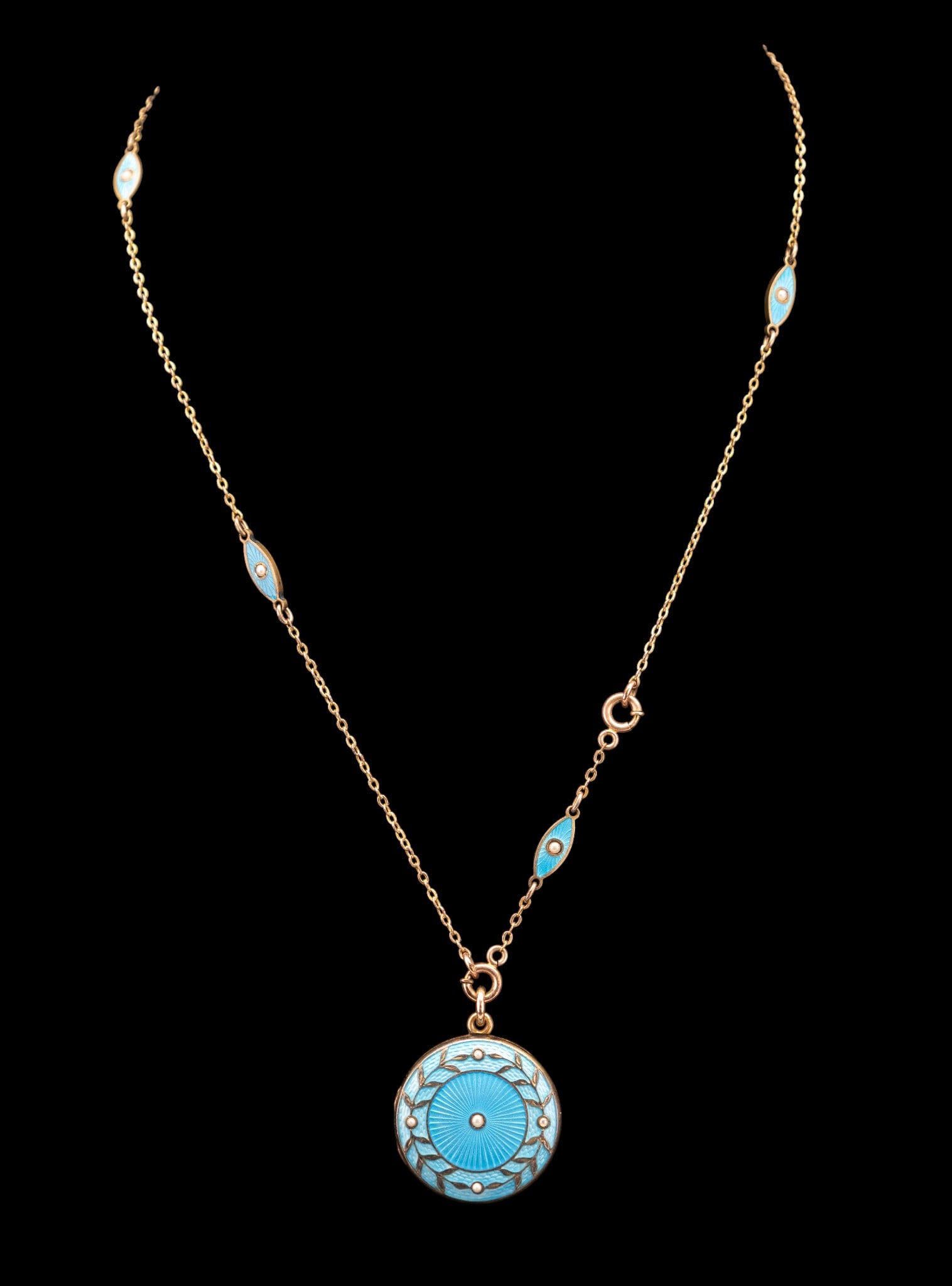 Antique Victorian Gold Filled and Enamel Necklace: Victorian monogramed gold filled necklace with blue enameled and pearls pendant.