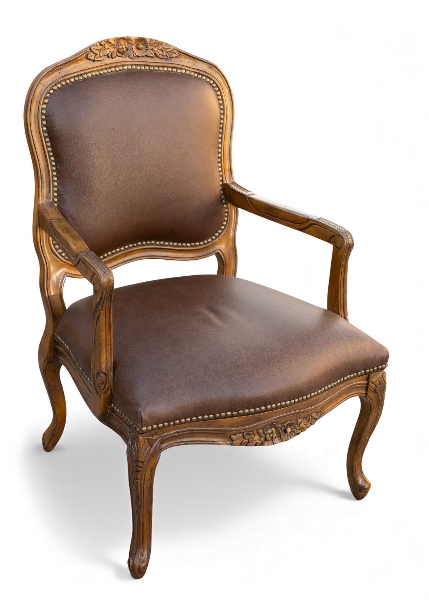French Carved Louis XV Style Leather Armchair: French carved wood Louis XV style leather armchair. Measures approx. 39" H x 26" x 17.5" (seat height) x 25" D.