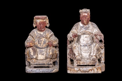 2 Antique Chinese Carved Wood Emperors