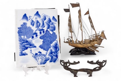 Chinese Porcelain Plaque, Brush Rest, Brass Ship