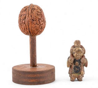 Carved Walnut Shell and Wooden Netsuke