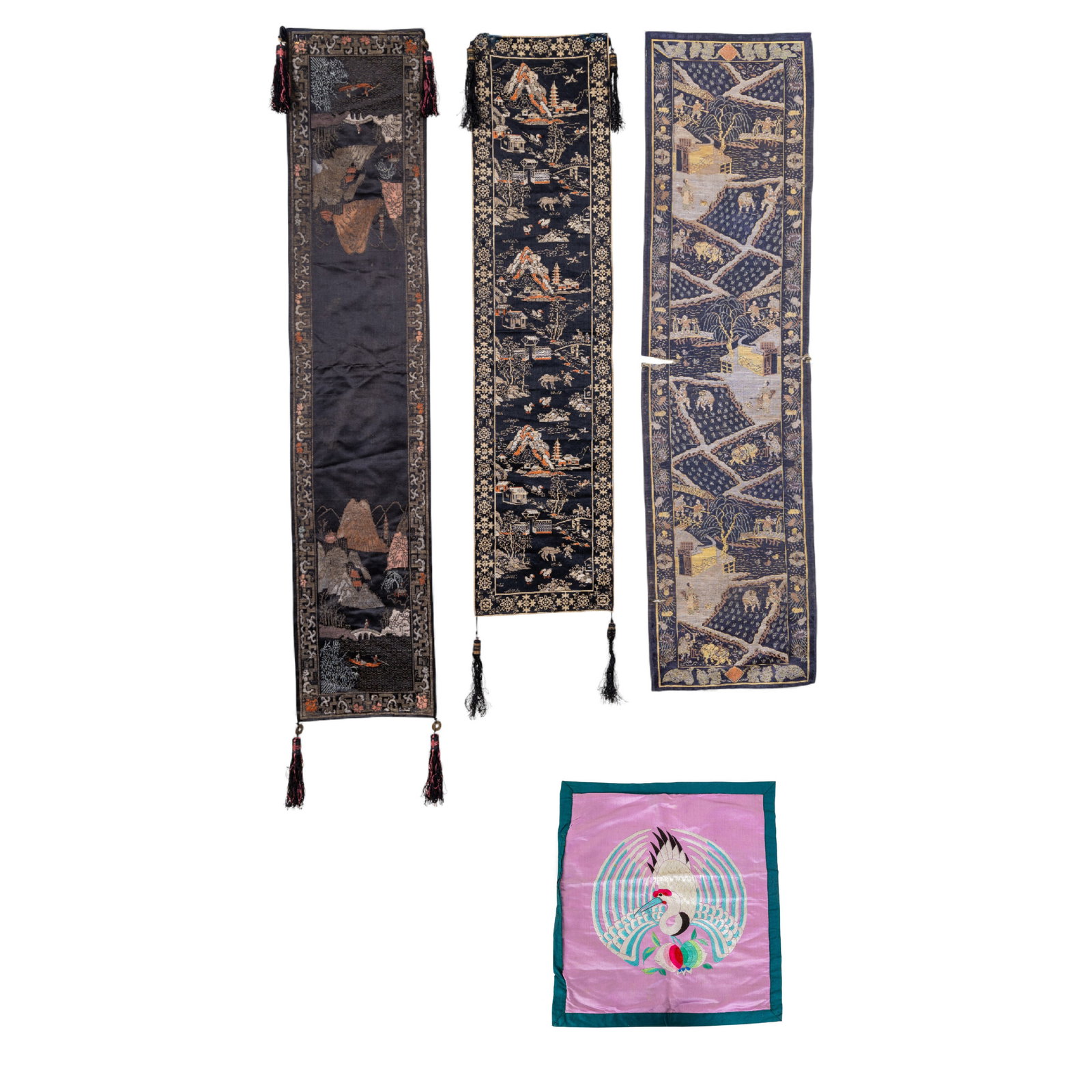 Antique Chinese Silk Runners and Textile Panel: Collection of three antique Chinese silk table runners, two with tassels, one with coin accents, and a square hand sewn silk panel depicting a crane and fruits. Longest runner measures approx. 64" L.
