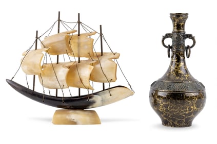 Carved Horn Ship and Chinese Bronze Bud Vase