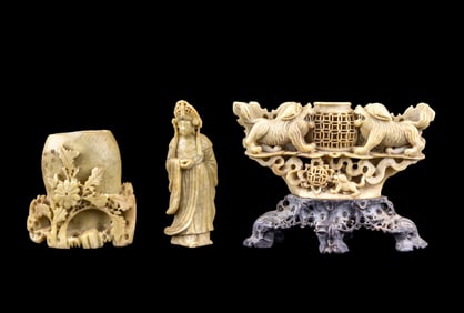 Chinese Carved Soapstone Vessels & Statuette