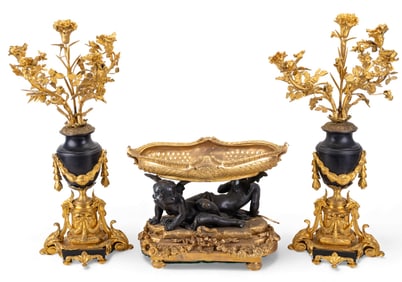 French Bronze & Gilt Compote + Candelabras