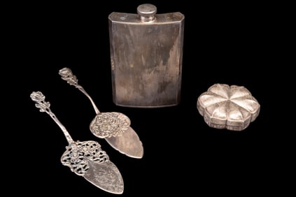 Antique Flask, Cake Knives, Trinket Box