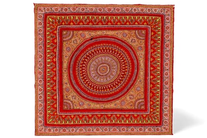 Antique Hand Made Mounted Textile, Red Field