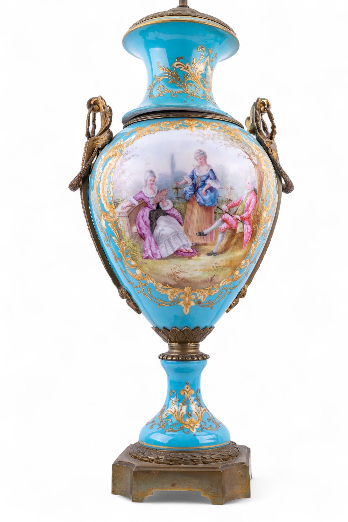 Palace Size French Sevres Porcelain Urn: French Sevres porcelain handled urn approx 33" H, converted to a lamp, featuring turquoise-color ground with hand-painted royal scenes signed "Laforgey" lower right in painted panel. Depicts a courtin