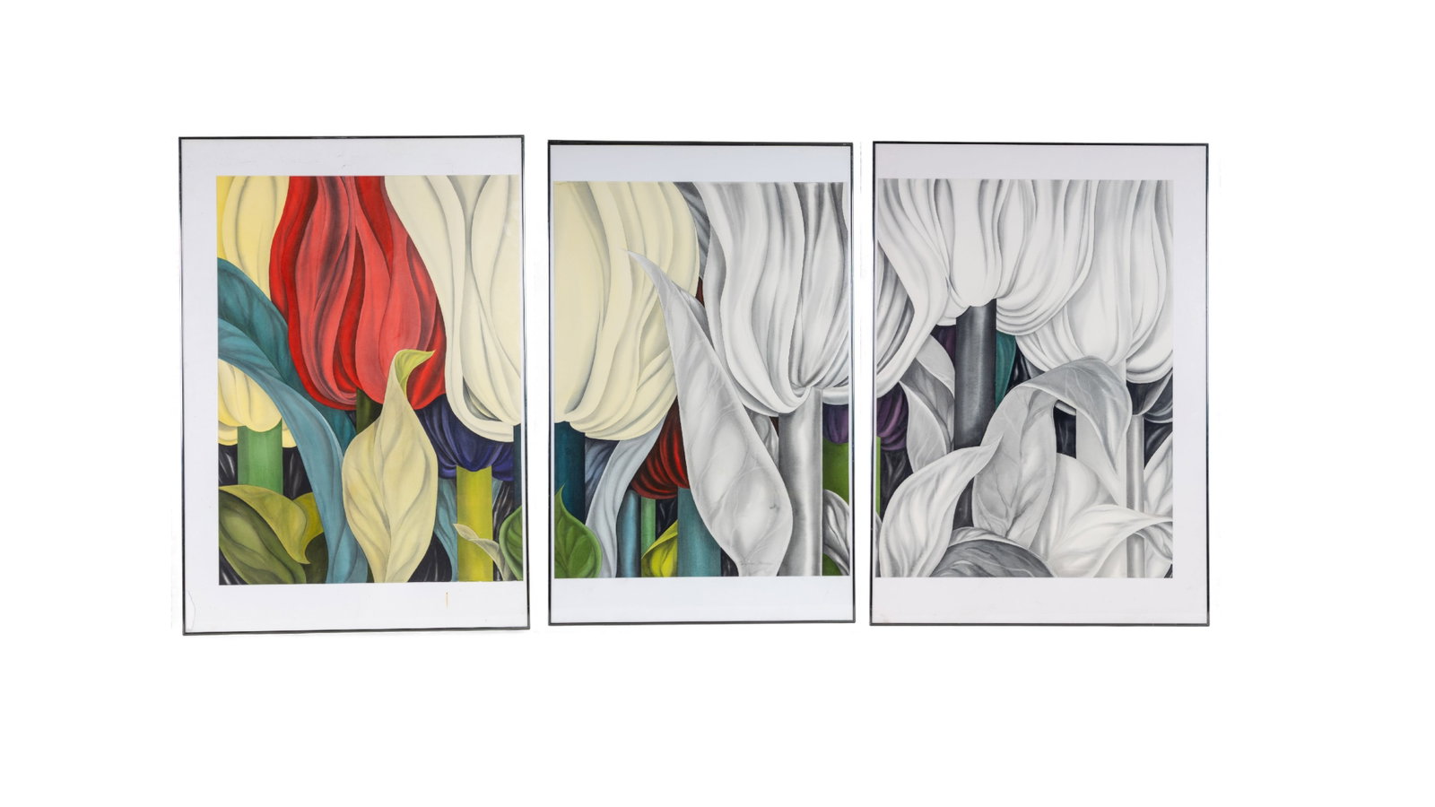 Suzanne Montresor (Am. 20th C) Watercolor Triptych: Framed and matted watercolor triptych depicting macro views of flower stems and petals. Pencil signed in the middle painting by the artist Suzanne Montresor (American 20th C). Artist's work currently 