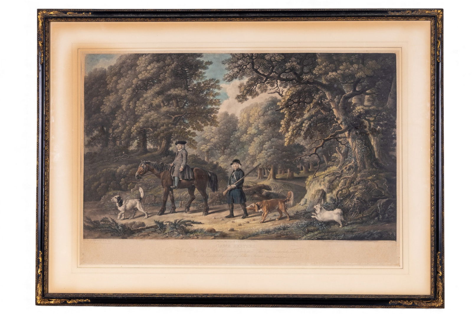 Early Ackermann Mezzotint After Stubbs: Early framed mezzotint engraved by Henry Birche for Arthur Ackermann and Sons Inc. after the George Stubbs engraving originally published March 25, 1790, titled 'Game Keepers' depicting hunters and hu