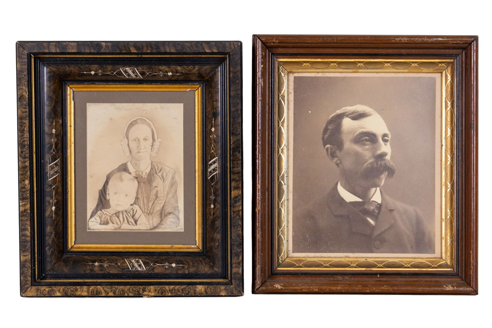 19th C Photographic Portraits: Collection of 19th C framed photographs featuring a framed portrait of a mustachioed man in a fine antique frame and a framed embellished photograph of a woman and child in deep stacked frame featurin
