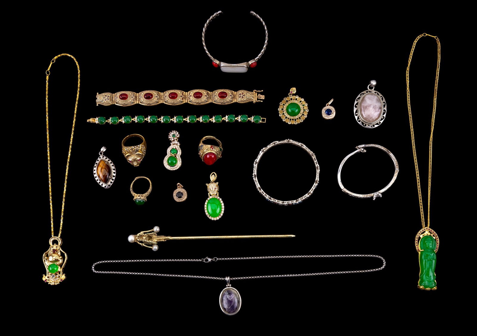 Chinese Gold and Silver Tone Jade Jewelry (1 of 16)