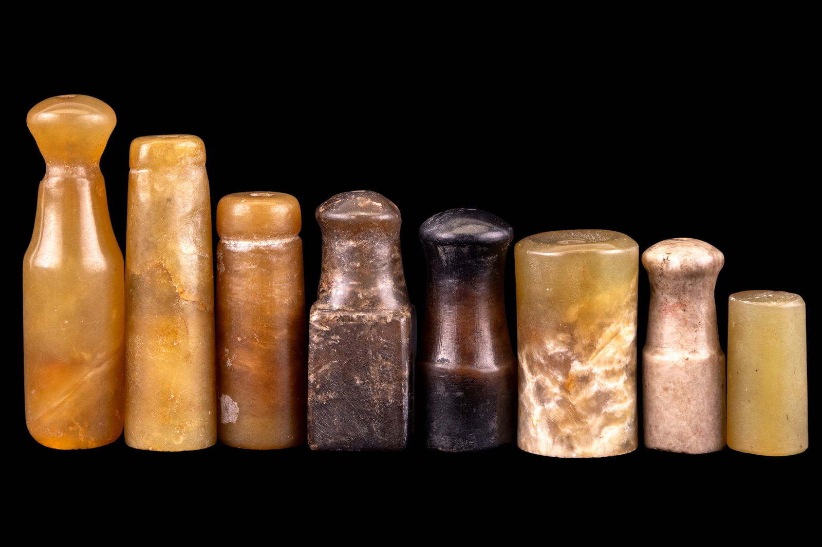 Chinese Carved Hardstone Cigar Holders: Collection of (8) carved and polished antique Chinese hardstone cigar / cigarette holders, pipes.