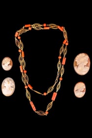 Carnelian Shell Cameos and Coral Necklace