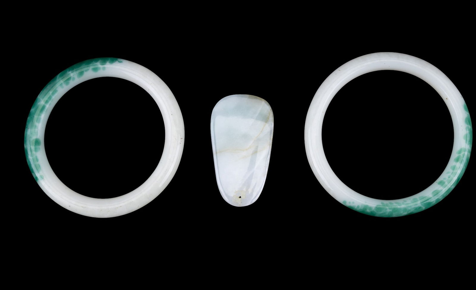 Jade Pendant and Glass Bangles: Flat polished jade tear drop pendant, and two faux jade glass bangles.