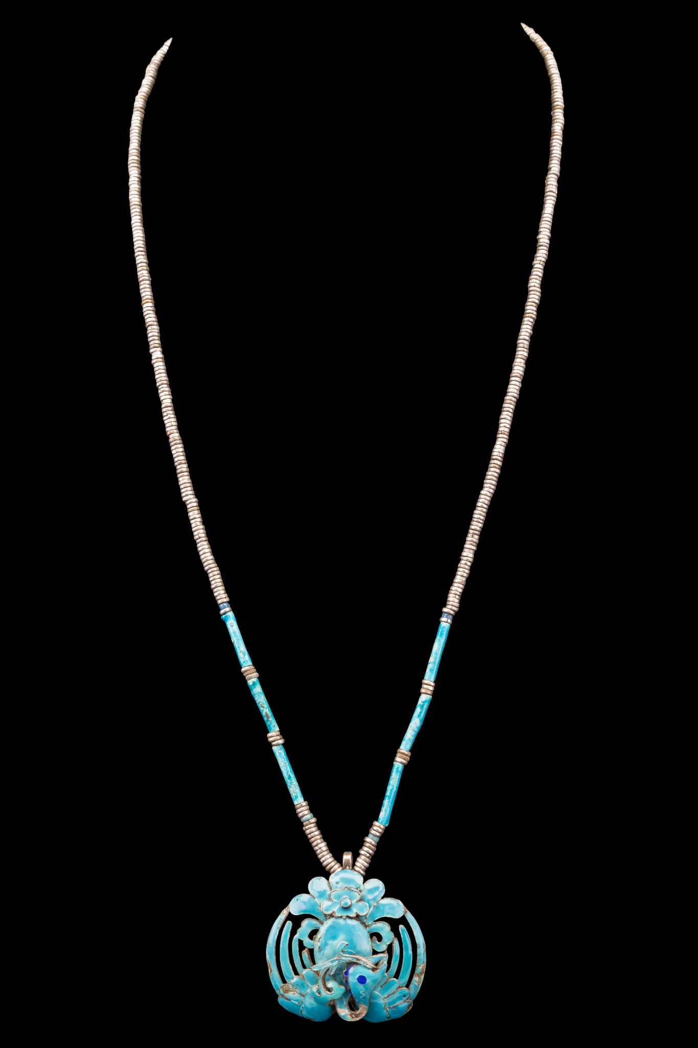 Chinese Sterling and Enamel Necklace: Vintage Chinese unmarked enamel sterling necklace featuring an enameled phoenix pendant. Measures approx. 13" on the drop.