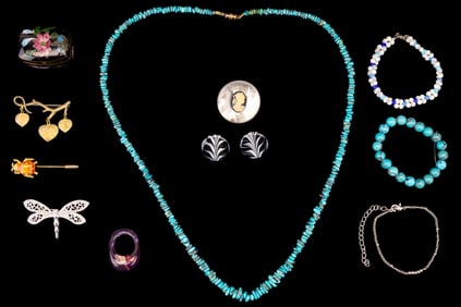 Turquoise Necklace, Vintage Brooches, & More