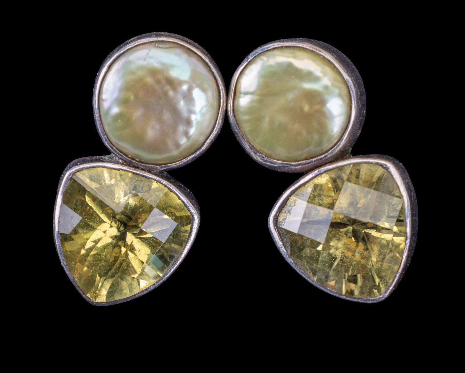 Peridot and Green Pearl Earrings: Sterling Silver pierced earring set with green peridot and green pearls. Note no earring bags.