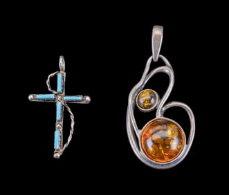 Amber and Sterling Pendant, Blue Cross
